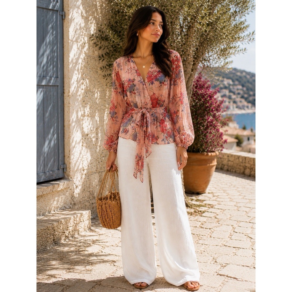 INC International Concepts Floral Faux Wrap Blouse M Pink Sheer Tie Waist RR11